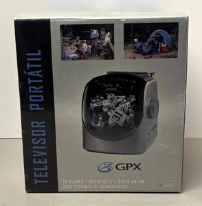 lot 126R image: RR - New GPX TVP2 Portable Television 5in Black & White AM-FM Radio - Three-Way Power
