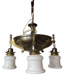lot 167R image: RR - Vintage Brass Chandelier Light Fixture with Ornate Filigree and Frosted Glass Shades