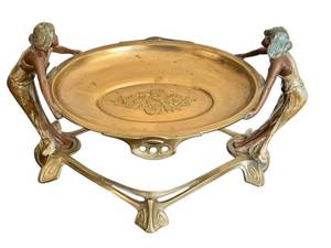 DR - Vintage Art Nouveau Centerpiece Bowl With Twin Female Figures On Ornate Stand