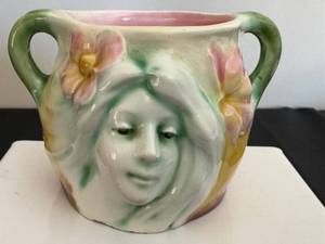 lot 43D image: DR - Majolica Art Nouveau Face Cup, German, Double-Handled