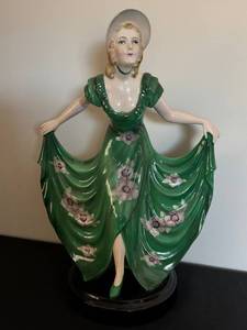 lot 49D image: BR - Vintage Porcelain Lady Figurine - Art Deco Green Dress