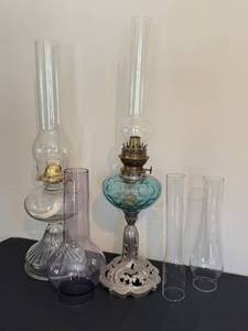lot 65D image: BR - Two Vintage Glass Oil Lamps with Extra Hurricane Shade - Tallest 22.5 inches