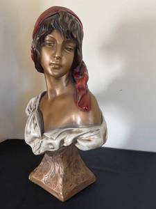 lot 78D image: DR - Ceramic Bust - 16.5 in H, Woman with Red Headscarf, Unmarked
