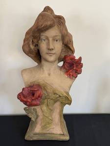 lot 80 image: DR - Friedrich Goldscheider Art Nouveau Terracotta Bust - Polychrome with Red Roses