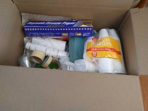 lot 24 image: Big Box of Paper Products and Disposable Items - Freezer Paper, Cups, Etc.