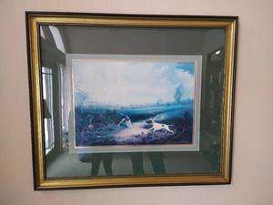 lot 48 image: Large Framed Picture - 2 Hunting Dogs on Green