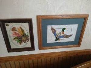 lot 54 image: Needlepoint Mallard and Floral Feather Art