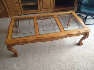 lot 55 image: Coffee Table - Wood With Beveled Glass Panes