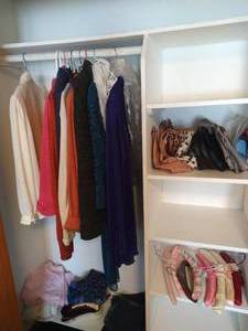 lot 60 image: Left Side of Closet - Womens Clothes, Satin Hangers, and Purses
