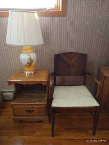 lot 78 image: Antique Chair, Nightstand, and Lamp