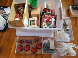 lot 80 image: Bin of Christmas Ornaments and Decor