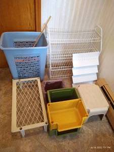 lot 87 image: Shoe Rack, Bins, Baskets, Yardstick, and (3) Seat Cushions for Bleachers