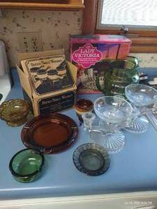 lot 104 image: Vintage Glassware - Bowls, Pitcher, Candlesticks, Ash Trays, and Butter Sauce Warmers