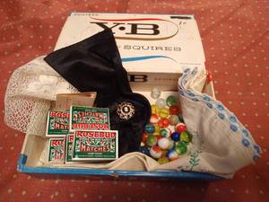 lot 129 image: Cigar Box With Matches, Marbles, Brooch, Etc.