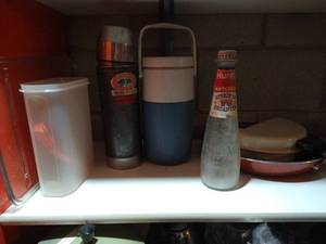 lot 226 image: Mixed Kitchen Lot - Frying Pan, Vintage Ketchup Bottle, Thermos, Etc.