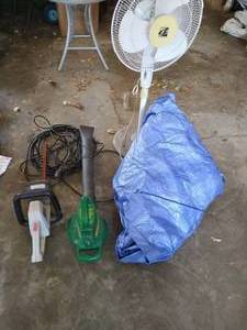 lot 274 image: Leaf Blower, Hedge Trimmer, Tarp, Fan, & Extension Cord