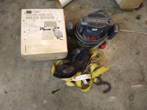lot 319 image: Electric Airless Sprayer, Plunge Router, & Ratchet Straps