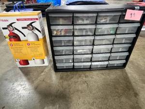 lot 99 image: Akro-Mils Storage Cabinet with Assorted Hardware and Kidde Combo Fire Extinguisher Pack