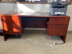 lot 135 image: Wood Office Desk with Locking Storage and Keyboard Tray, 60x22x30 in