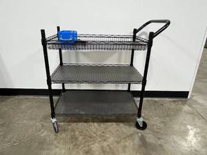 lot 36 image: 3-Shelf Metal Utility Cart with Assorted Hand Tools and Markers