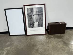 lot 41 image: Framed Multnomah Falls Oregon Print, Large Black Frame, and Vintage Suitcase
