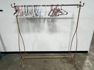 lot 47 image: Decorative Metal Garment Rack with Assorted Hangers, 66in Tall x 60in Wide