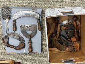 lot 57 image: Collection of Vintage Chopping Knives and Kitchen Tools with Wood Handles