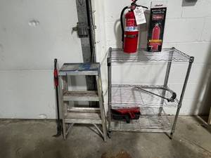 lot 84 image: Tool Bundle Keller 3-Step Ladder, Fire Extinguishers, Pry Bar, Metal Shelf and Saw