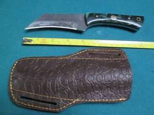 lot 608 image: Hand crafted Damascus knife with le...