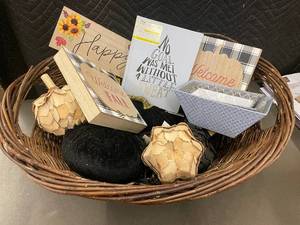 lot 22 image: Fall Decor Basket - Assorted Wooden Signs & Accents in Wicker