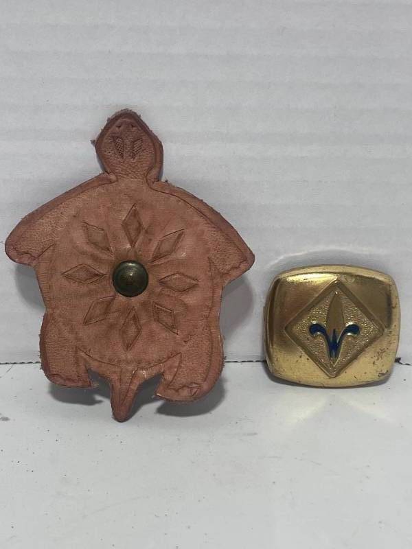 lot 72 image: 2 Vintage Boy Scouts Cub Scouts Webelos Gold Neckerchief Slide and Leather Slide