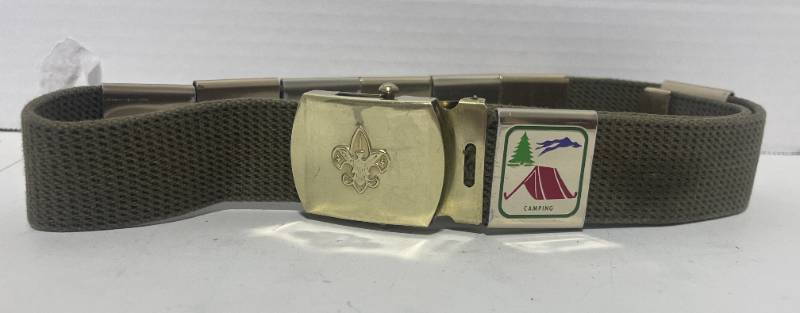lot 77 image: Vintage Boy Scouts Solid Brass Belt Buckle, Web Belt and 8 Assorted Metal Slide Medals