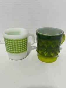 lot 25 image: 2 Vintage Fire King Anchor Hocking Mugs Green Kimberly and Green Gingham