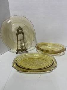1930's Federal Glass Amber Serving Set.  10" Platter, 9" Square Bowl, 10" square Platter (has chip)