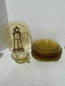 lot 39 image: 1930s Federal Glass Amber Set of 8- 9 Square Plates, Several have Chips. Madrid Pattern and Sugar Bowl