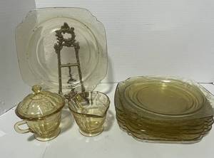 lot 40 image: 1930s Federal Glass Amber  Set of 7- 9 Square Plates, One Has Chips. Madrid Pattern. Creamer and Sugar