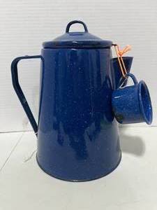 lot 85 image: Cute Blue Enamel Ware Coffee Pot w Cup Some Rust