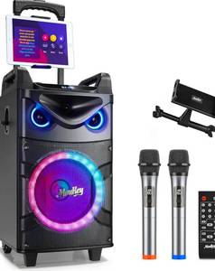 lot 100 image: Moukey Karaoke Machine 10 Woofer Portable Trolley Speaker with Microphones $189.99 Retail - Brand New