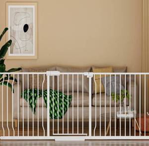 lot 139 image: Extra Wide Baby Gate White 76 to 86 $89.99 Retail - Brand New