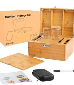 lot 177 image: Subtle Ultimate Bamboo Stash Storage Box with Jars and Labels $39.99 Retail - Brand New