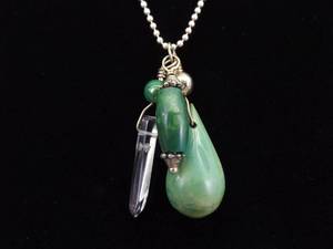 lot 11 image: .925 Sterling Silver Malachite and Crystal Dangle Charm Pendant Necklace