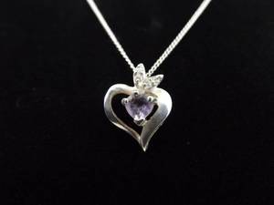 lot 21 image: .925 Sterling Silver Diamond Accented Amethyst Heart Pendant Necklace