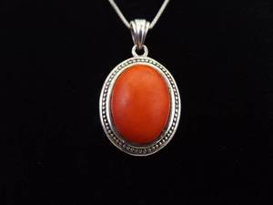 lot 25 image: .925 Sterling Silver Red Coral Cabochon Pendant Necklace