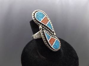 .925 Sterling Silver Inlayed Turquoise and Coral Yin Yang Ring Size 5.75