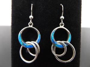 .925 Sterling Silver Inlayed Opal Dangle Hoop Hook Earrings