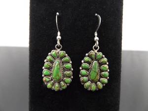 .925 Sterling Silver Navajo Green Turquoise Cabochon dangle Hook Earrings