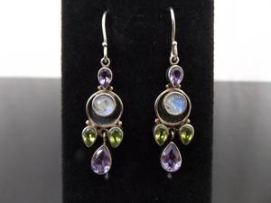 lot 86 image: .925 Sterling Silver Moonstone Cabochon Amethyst and Peridot Dangle Hook Earrings