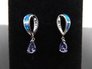 lot 76 image: .925 Sterling Silver Inlayed Opal and Amethyst Dangle Post Earrings