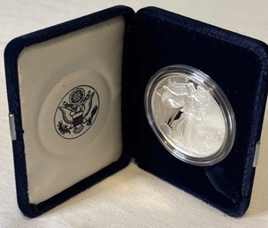lot 10 image: 1996 P-American Eagle One Ounce Proof SILVER Bullion Dollar Coin - original package with COA