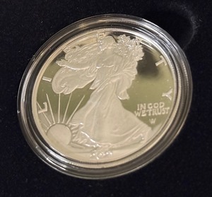 lot 12 image: 2021 W-American Eagle One Ounce Proof SILVER Bullion Dollar Coin - original package with COA